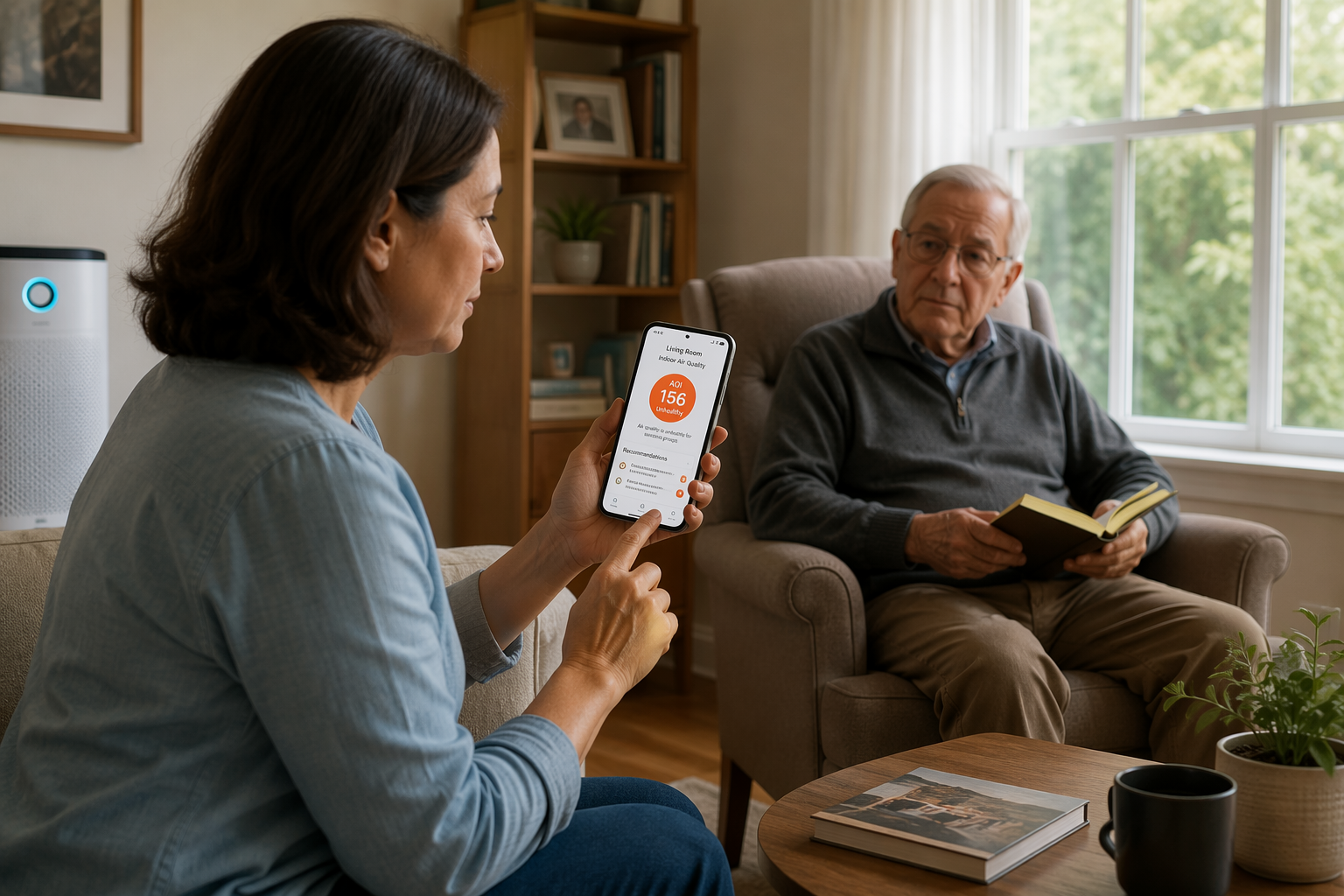 Adult daughter checking an air quality alert while her older father sits near a closed window