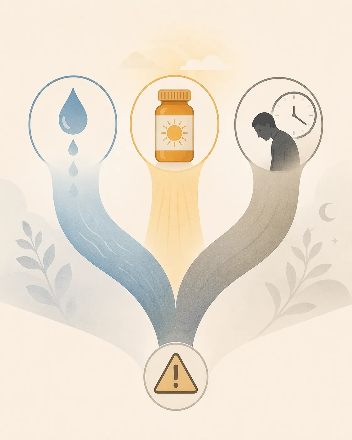 Infographic showing dehydration, medication effects, and slowed reaction time converging into fall risk during extreme heat