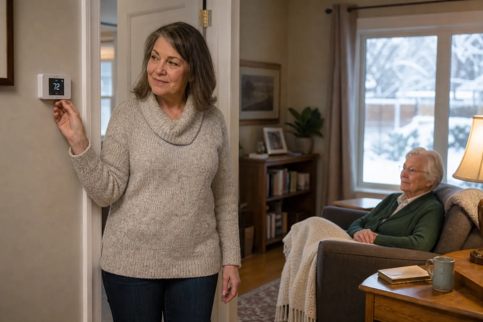 Middle-aged caregiver checking a wall thermostat and an older adult seated calmly with a blanket