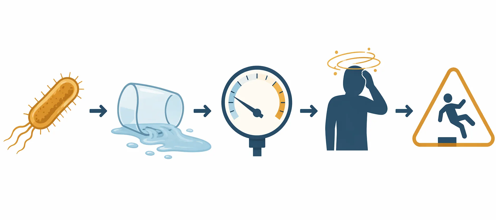Diagram showing Salmonella leading to fluid loss, lower blood pressure, dizziness, and fall risk