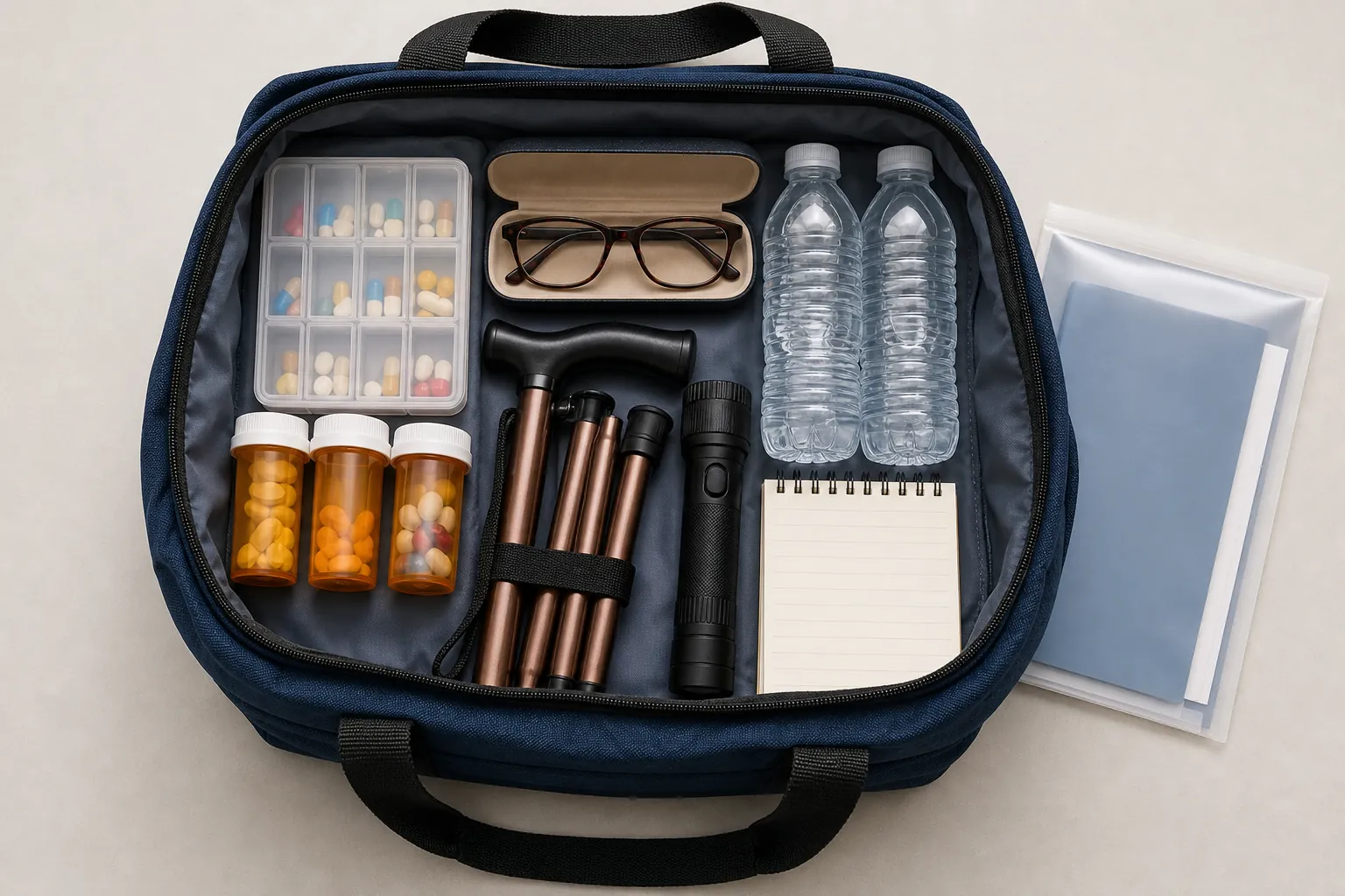 Senior-specific emergency go-kit with medications, eyeglasses, cane, flashlight, water, notepad, and documents