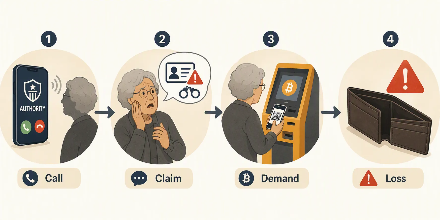 Four-step diagram of a false-alarm scam leading from an authority impersonation call to alarm, a Bitcoin ATM, and an empty wallet