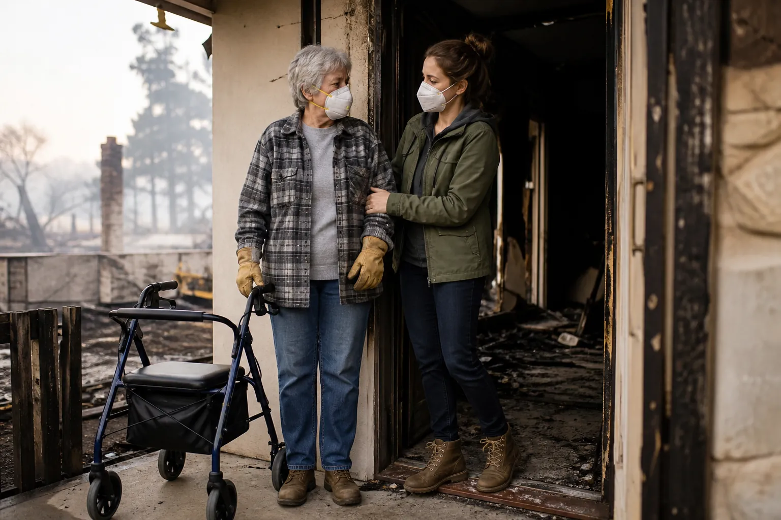 Older adult in protective gear at the doorway of a wildfire-damaged home with a caregiver and rollator nearby
