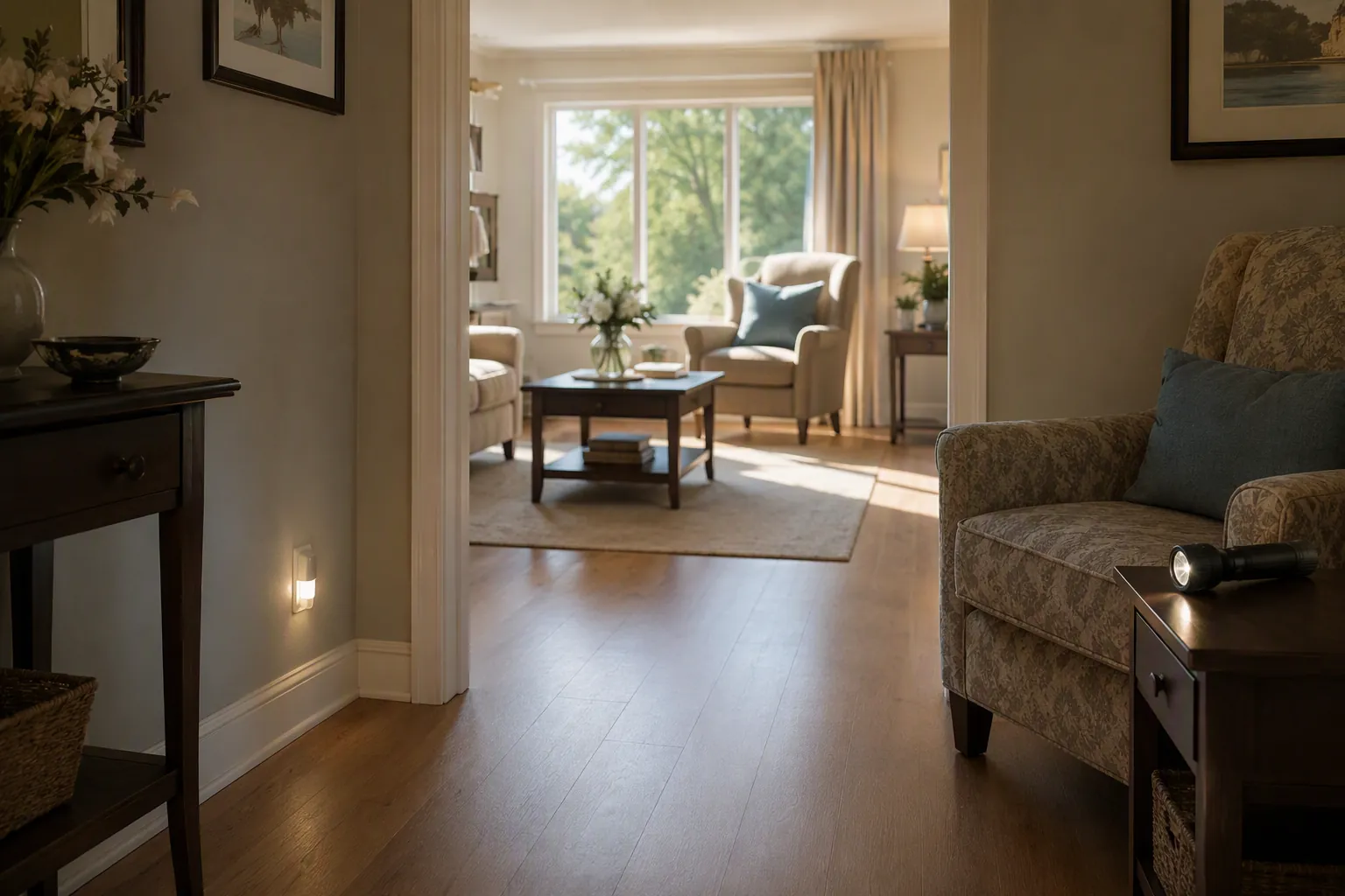 Sunlit senior home hallway with a battery nightlight, clear floor, and flashlight on a side table