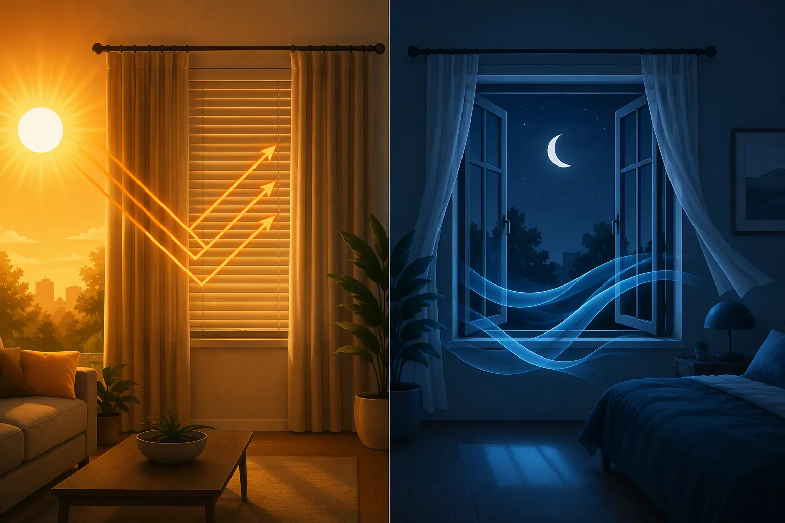 Split illustration showing closed blinds blocking daytime sun and open windows allowing cooler night air into a room