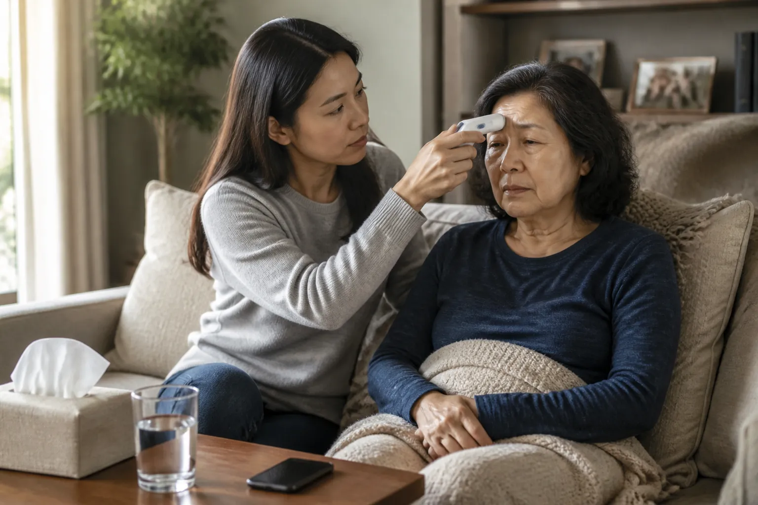 Adult daughter checking an older woman with a digital thermometer at home