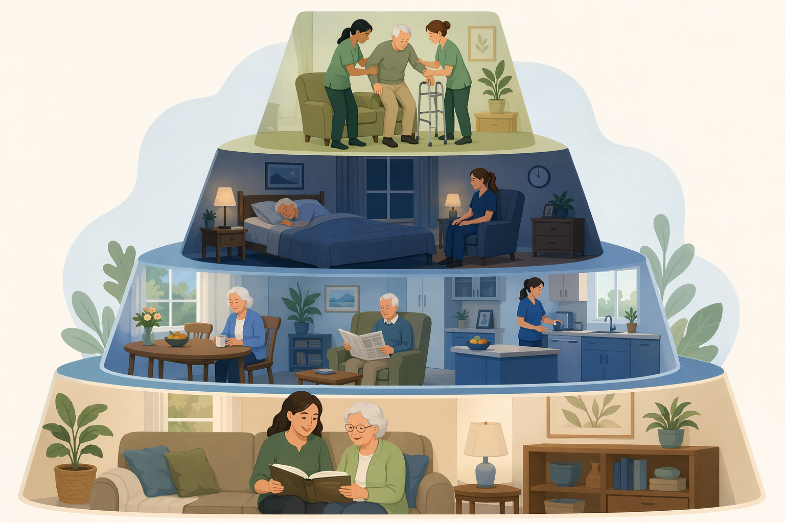 Four ascending visual layers showing escalating post-fall care needs from companion care to two-person transfer assistance.