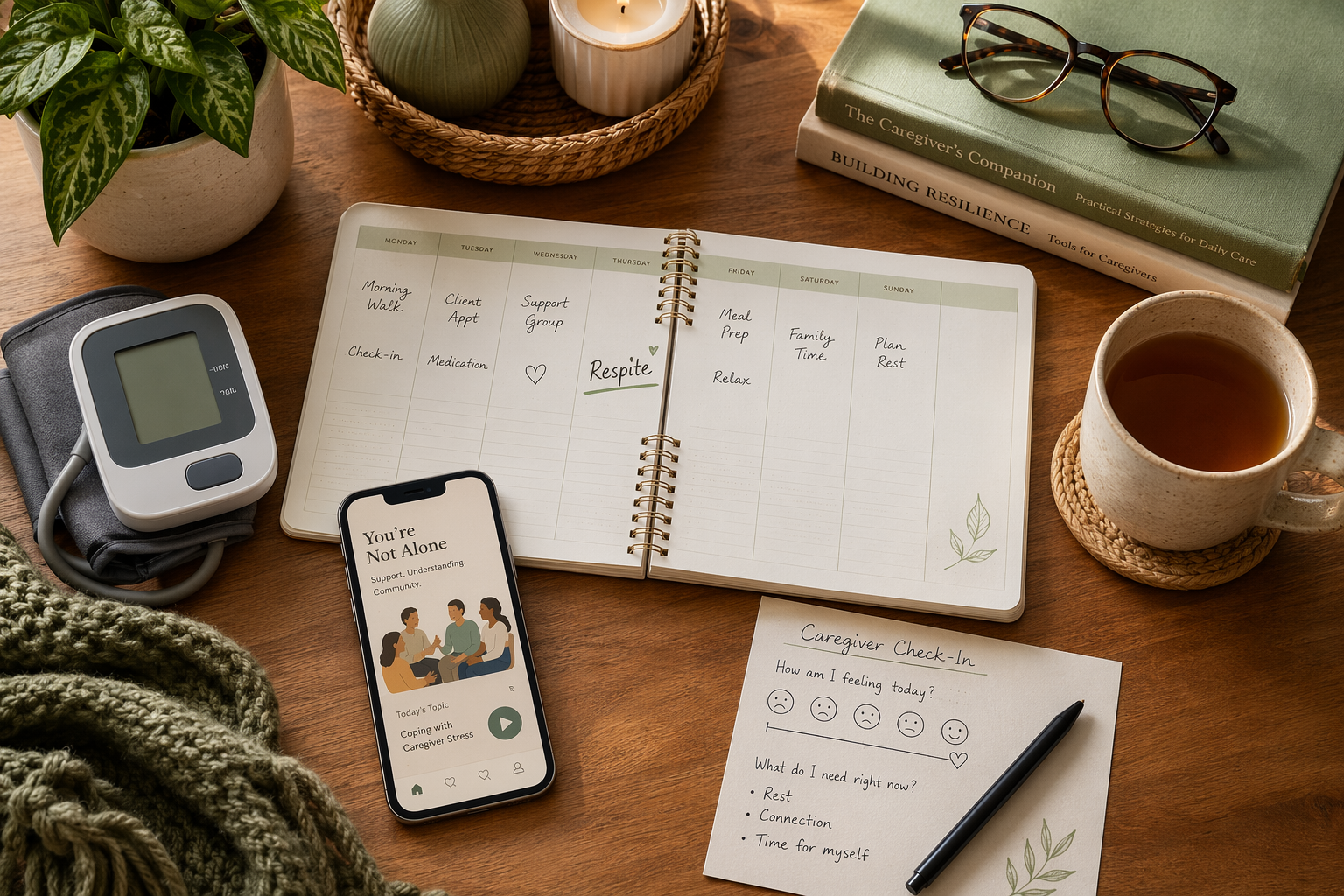 A flat-lay of a blood pressure monitor, weekly planner, smartphone, and a handwritten self-check scale on a wooden desk.