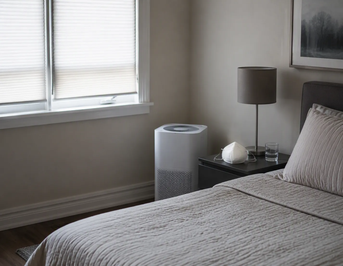 Bedroom set up as a clean room with a closed window, portable air purifier, and N95 mask on the nightstand