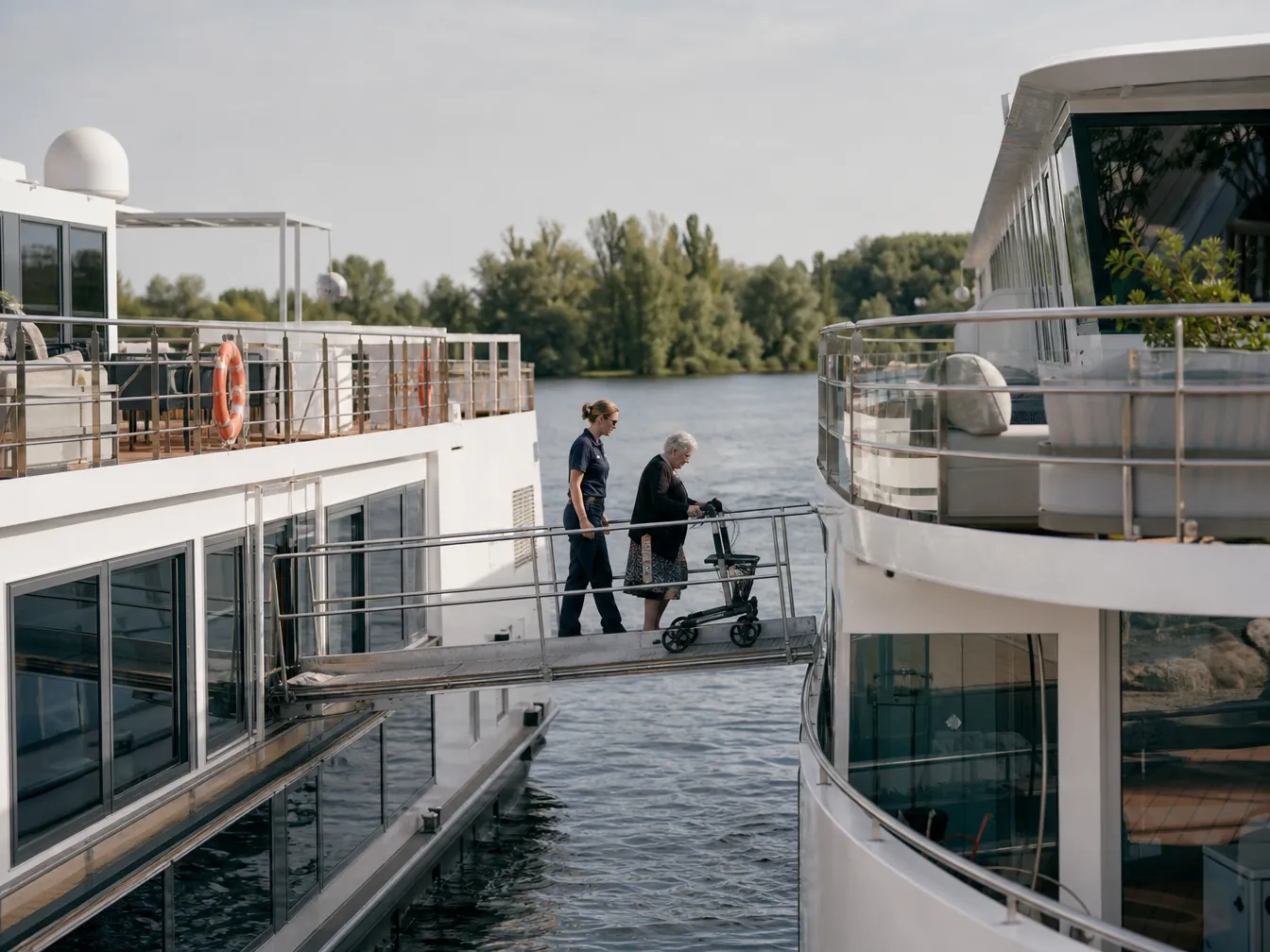 Two river cruise ships rafted side by side with an older passenger using a rollator on a narrow connecting gangway