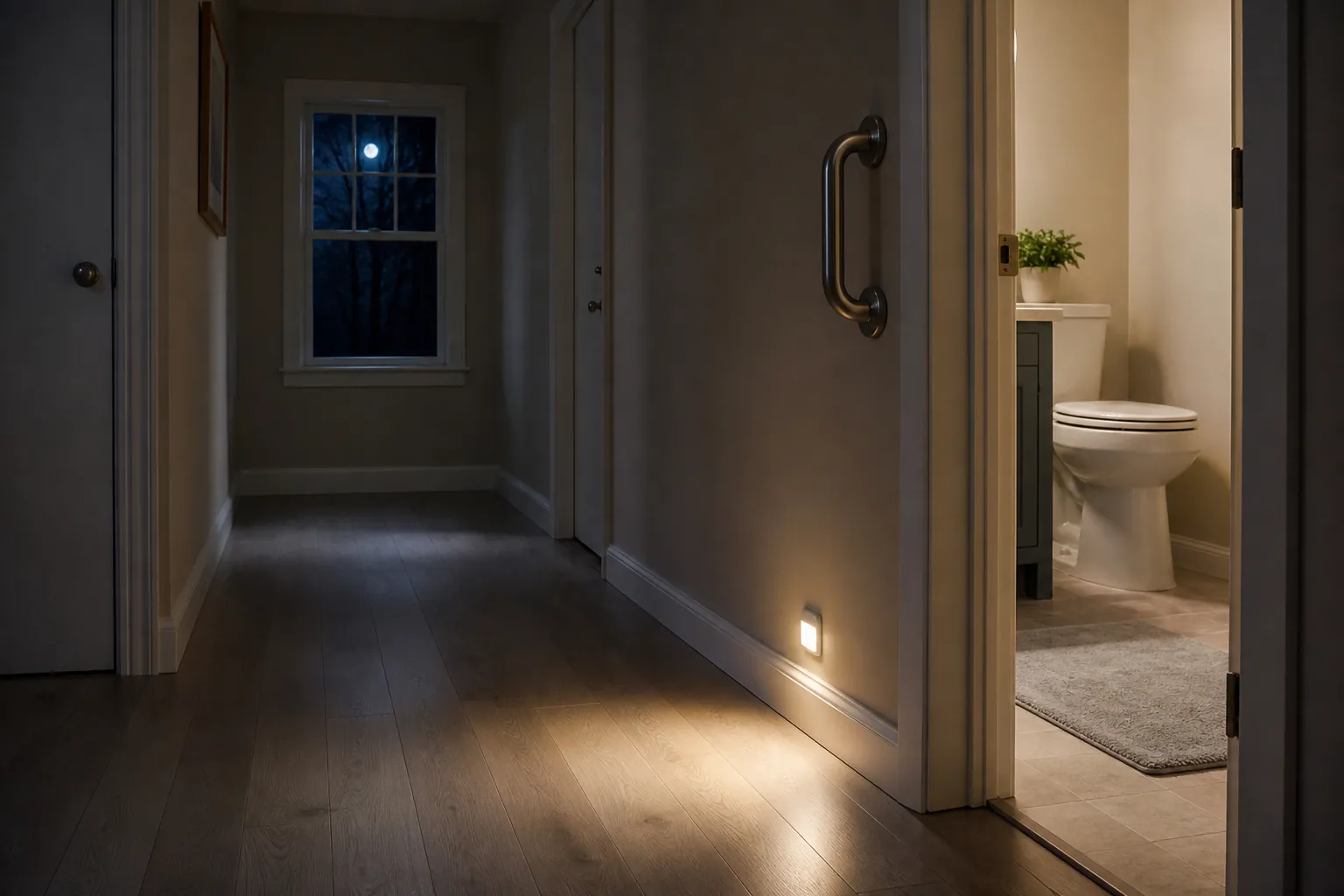 Night hallway to a bathroom with a motion-sensor nightlight, grab bar, and non-slip bathroom mat