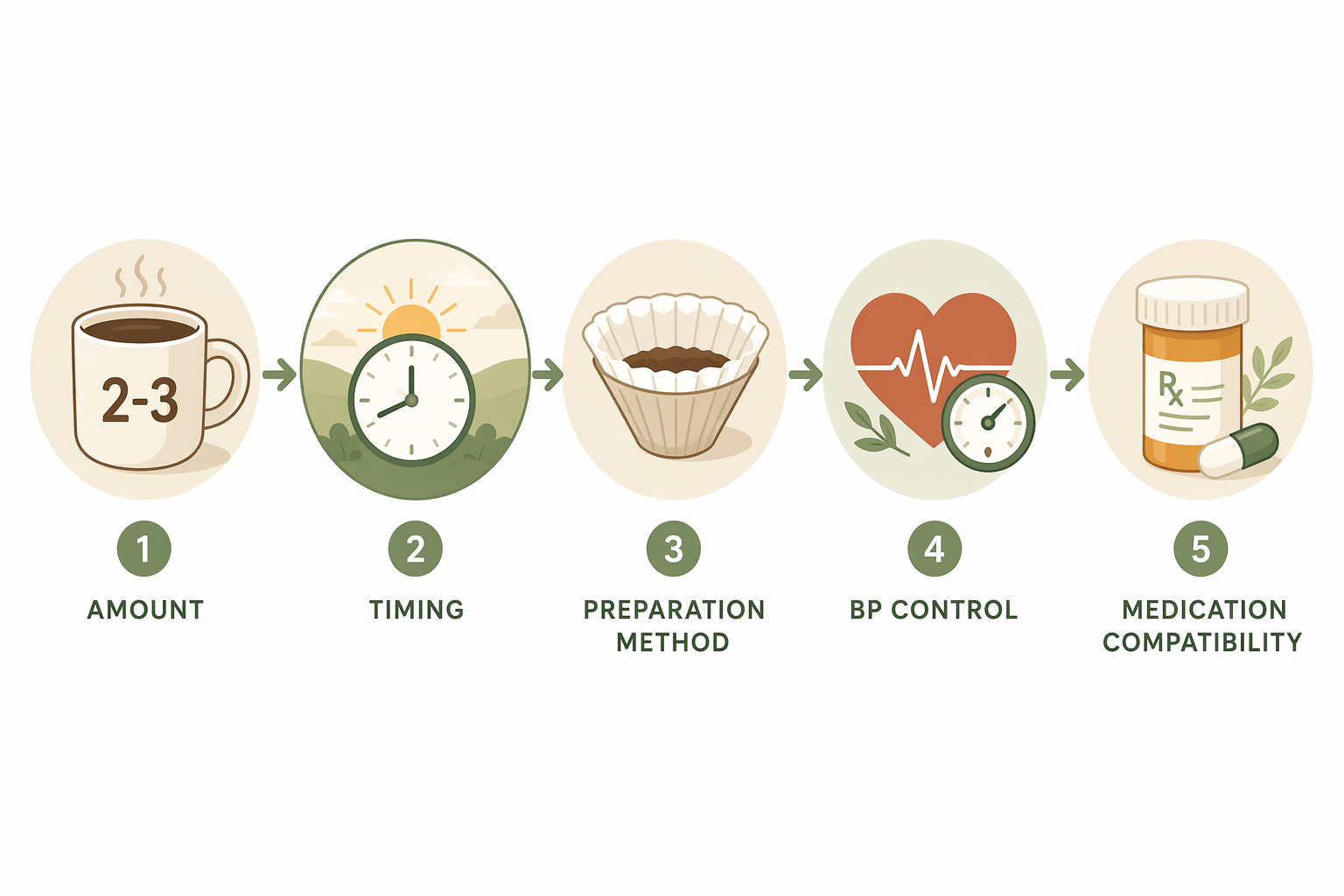 Caregiver decision framework icons for coffee amount, timing, filter, blood pressure, and medication