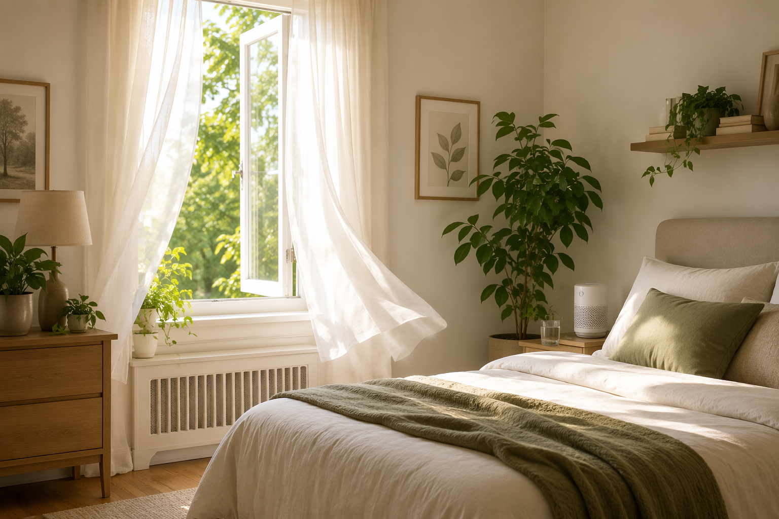 A calm bedroom with soft morning light coming through a slightly open window