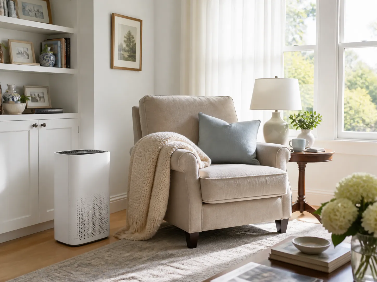 Cozy sitting room with a HEPA air cleaner placed near a reading chair