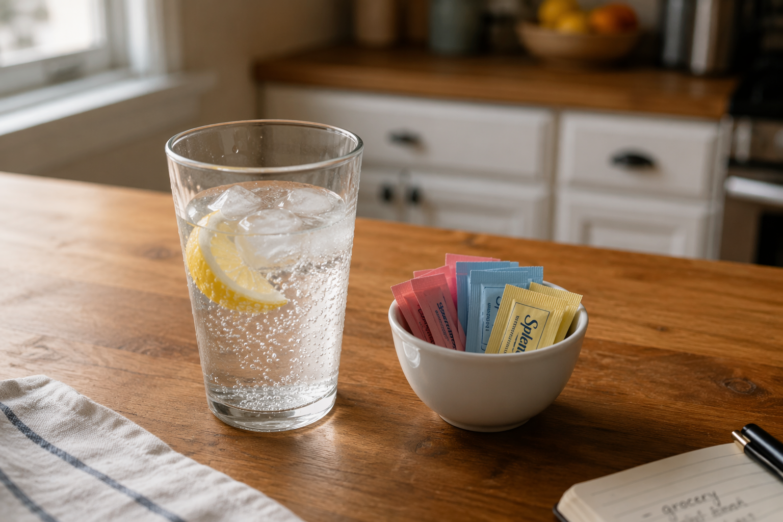 Carbonated drink with ice beside colorful artificial sweetener packets on a kitchen table