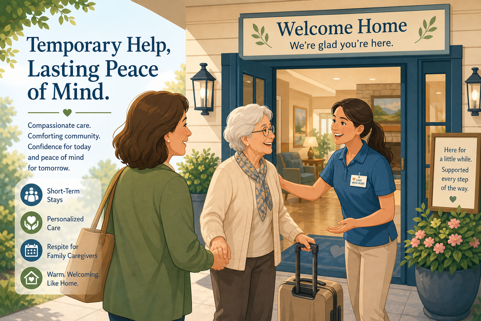 A middle-aged adult child stands with a relieved expression as a smiling staff member warmly greets an elderly parent with a small suitcase at the entrance of a bright senior care facility.