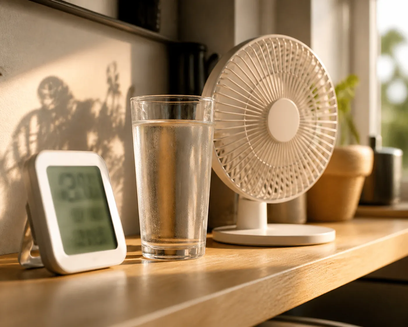 Indoor thermometer beside a glass of water and small tabletop fan on a home shelf