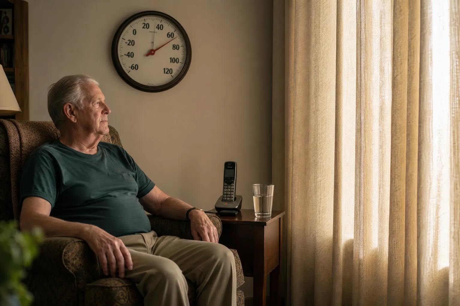 Older adult resting in a living room with drawn curtains, a visible wall thermometer, water, and a phone nearby