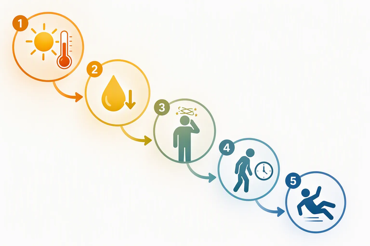 Illustration showing extreme heat leading to dehydration, dizziness, slowed reflexes, and fall risk