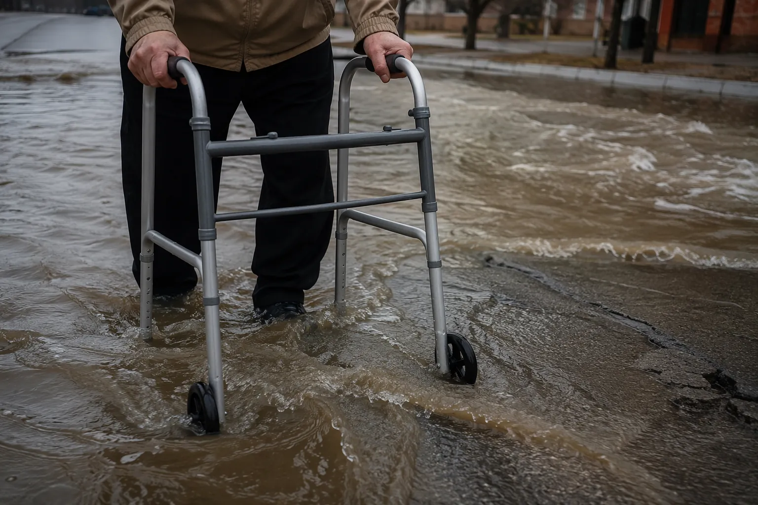 Walker in shallow murky floodwater on cracked pavement showing instability and fall risk