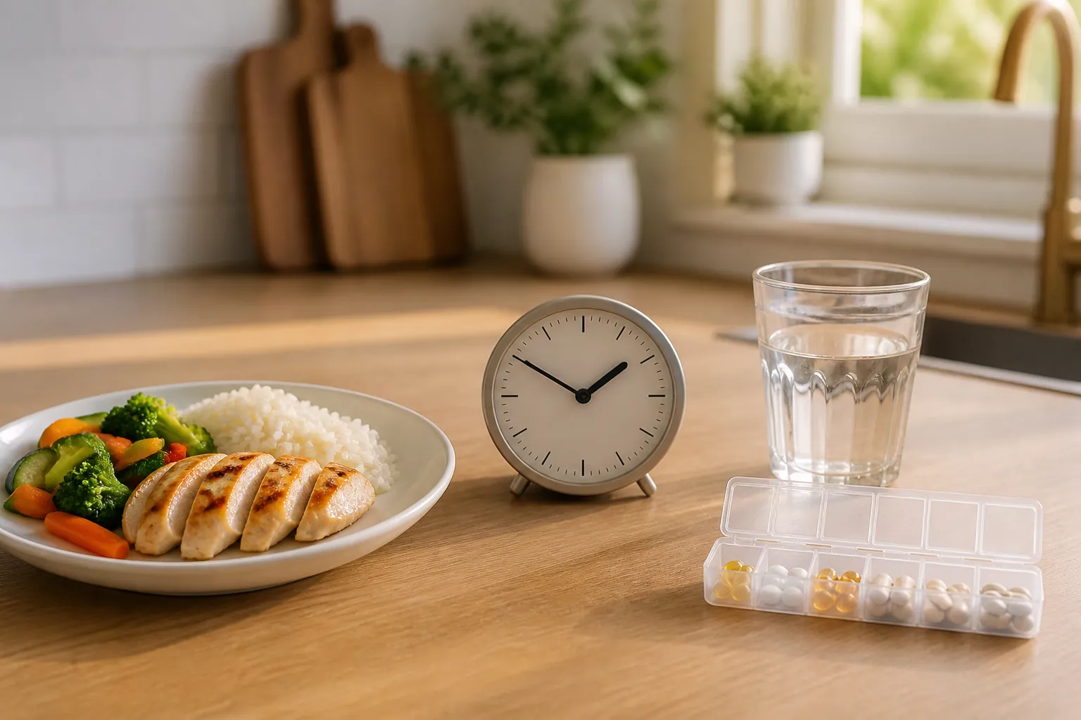 Medication organizer, glass of water, clock, and small plate of food illustrating Parkinson’s medication timing around meals