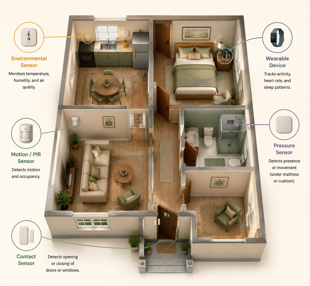 Single-story home floor plan showing typical locations for motion, contact, pressure, environmental, and wearable sensors