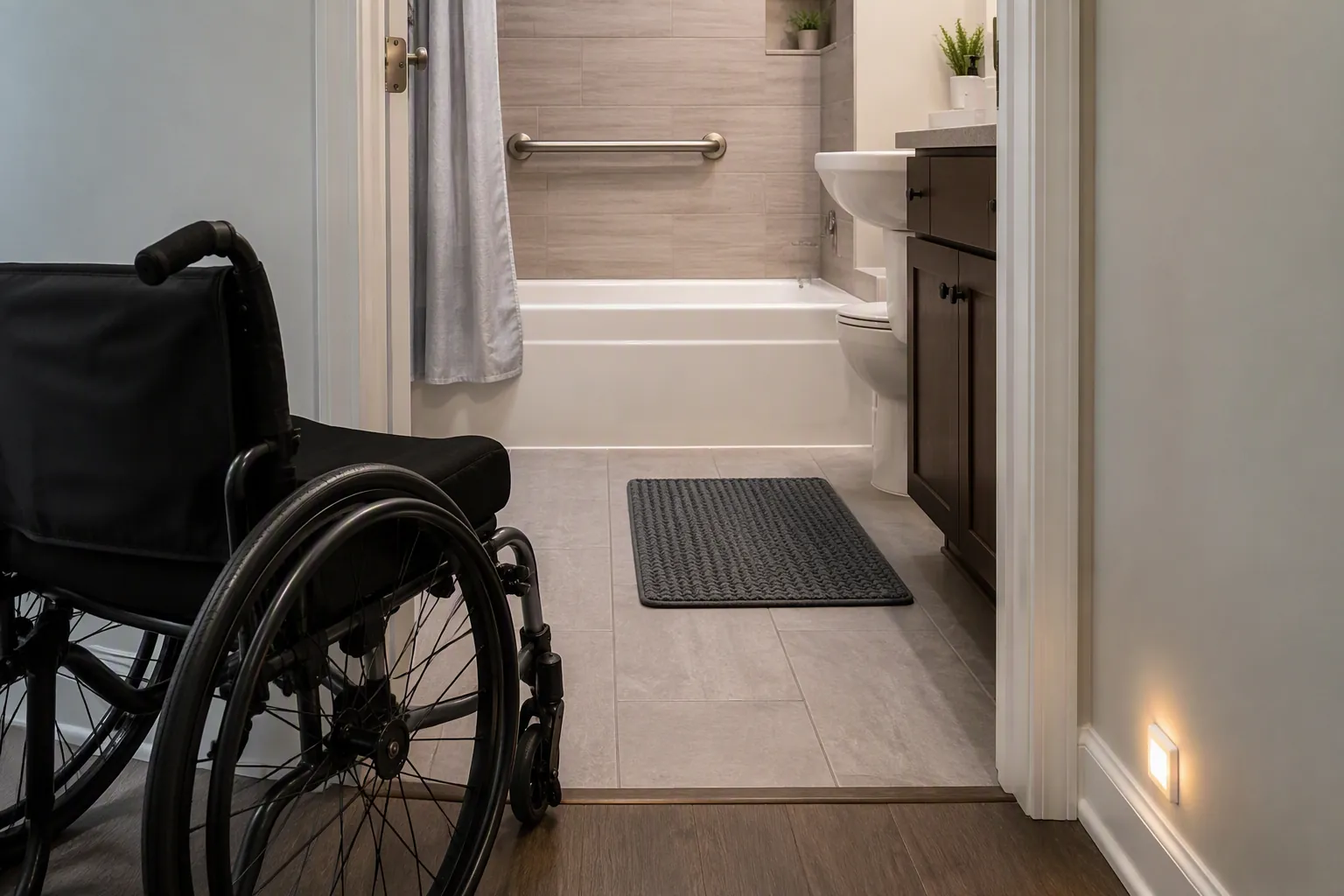 Wheelchair positioned outside a clean bathroom with a grab bar, non-slip mat, and night light