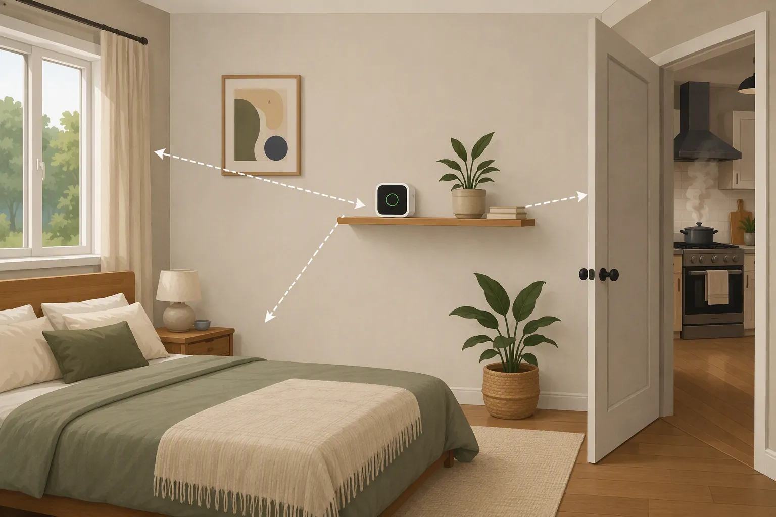 Air-quality monitor placed at breathing height away from a window, door, and kitchen source