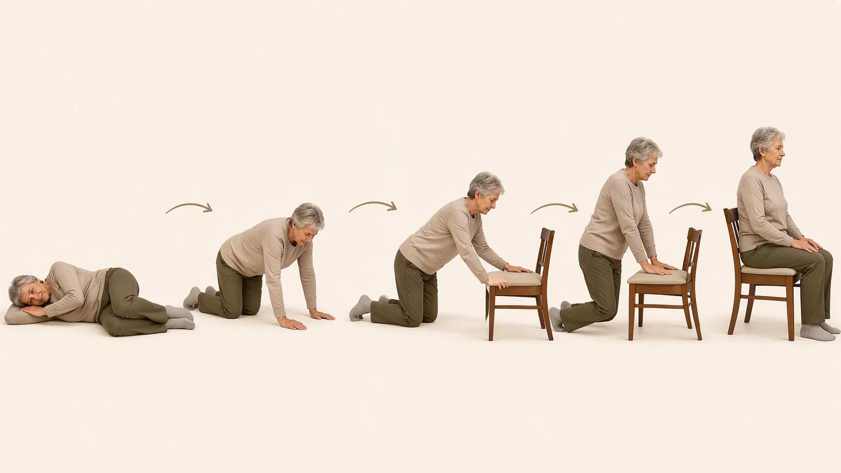 Five-step illustration of an older adult rolling to the side, moving to hands and knees, approaching a chair, kneeling with hands on the chair, and sitting