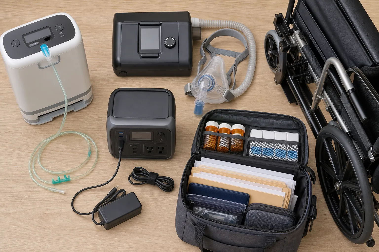 Portable oxygen concentrator, CPAP machine, backup battery, folded manual wheelchair, and evacuation bag arranged on a table
