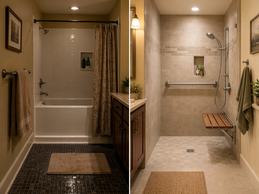 Side-by-side comparison of an unsafe bathroom shower area with high step-over tub and glossy floor versus a safe alternative with curbless entry, non-slip matte tile, and properly mounted grab bar.