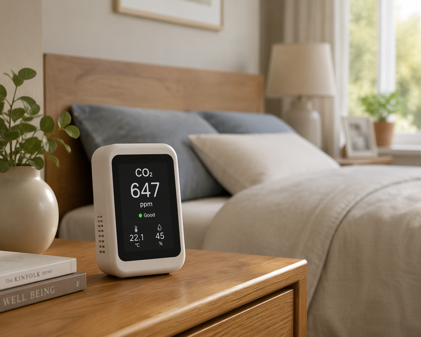 A small white CO2 monitor on a bedroom nightstand showing a digital reading