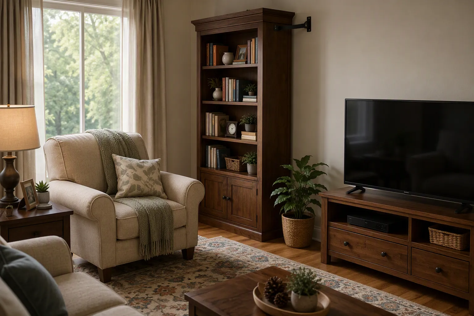 Senior living room with anchored bookcase, low television, and safer furniture placement