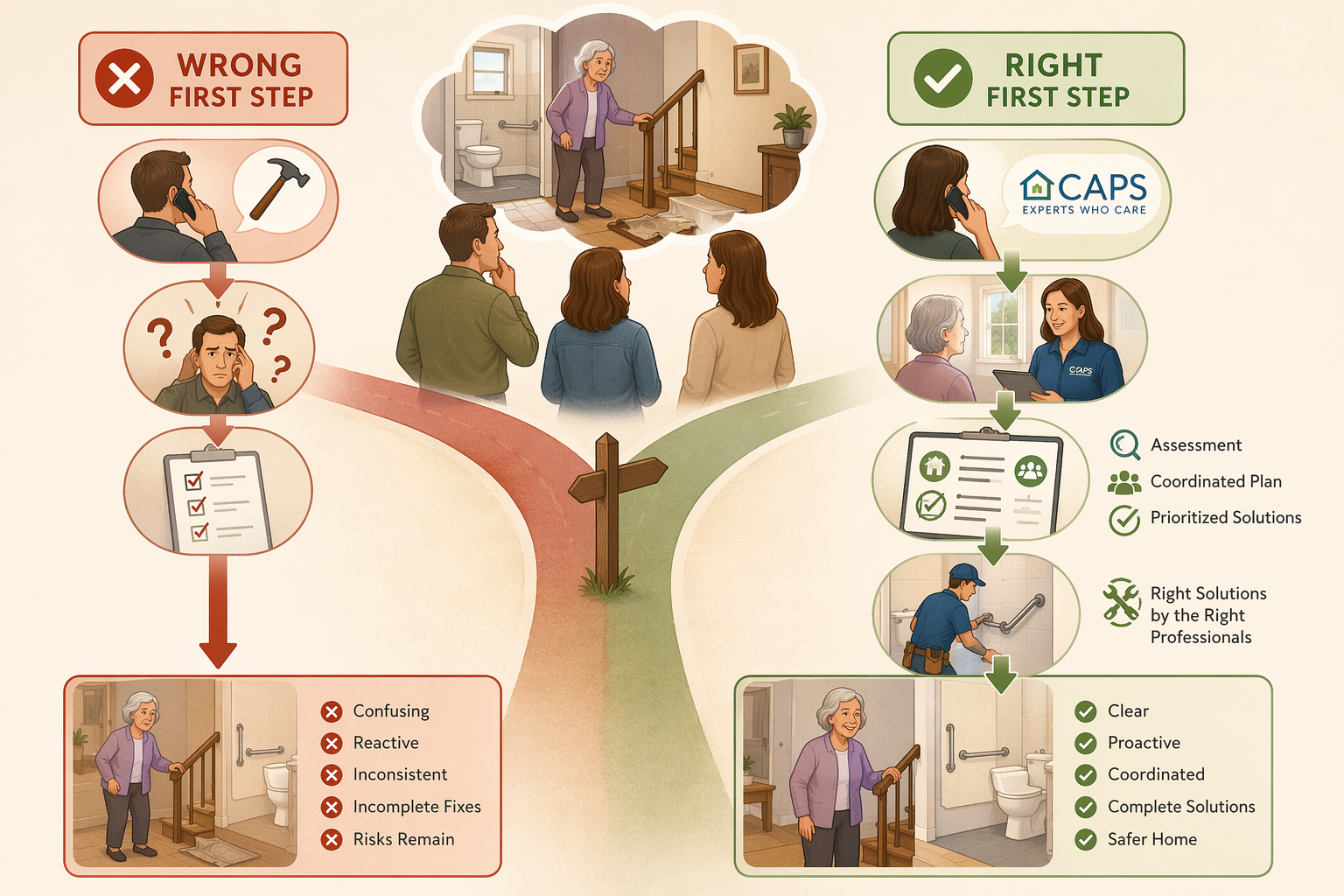 Decision-fork illustration showing two paths: calling a contractor first leads to confusion, while calling a CAPS specialist first leads through an assessment and coordinated plan to proper modifications.