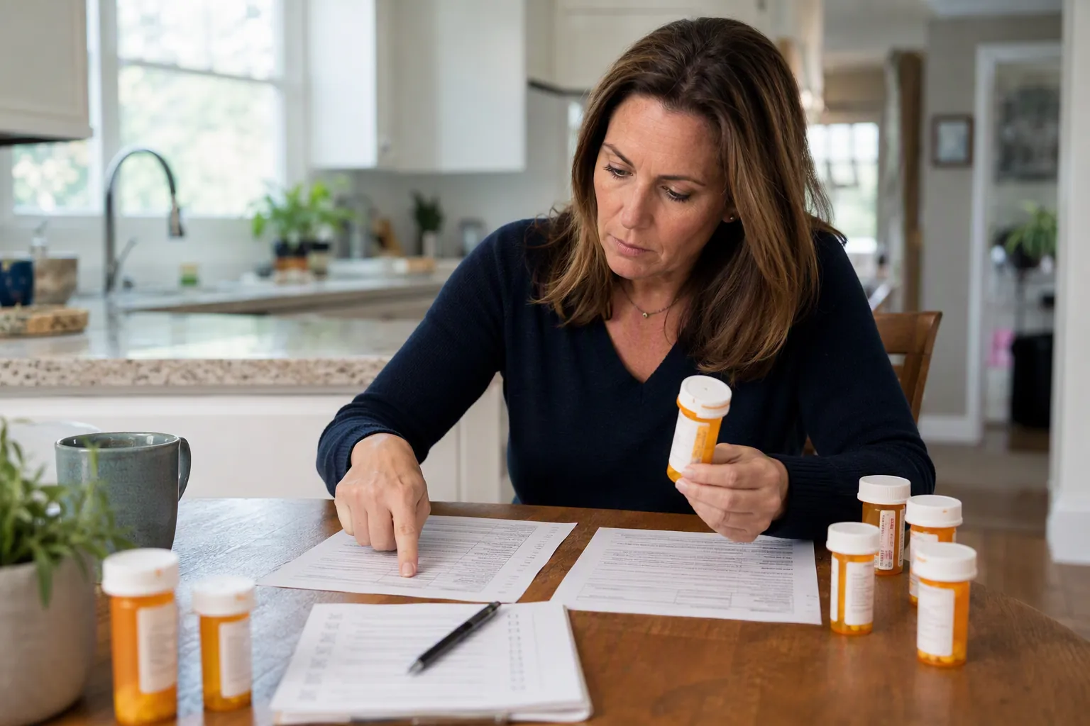 Adult daughter at a kitchen table comparing medication bottles with two paper medication lists after hospital discharge