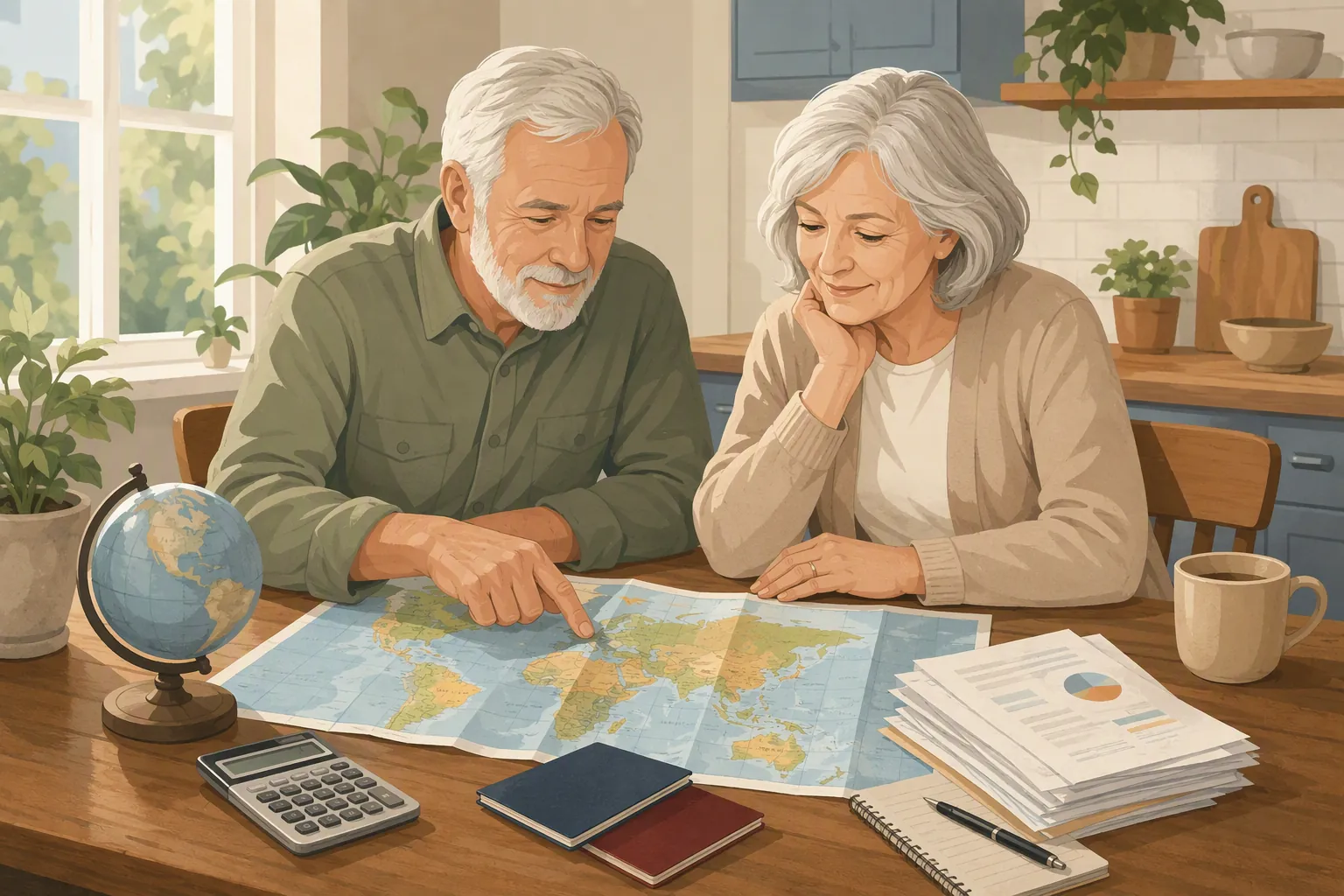 Senior couple comparing a world map, passports, and budget papers at a kitchen table