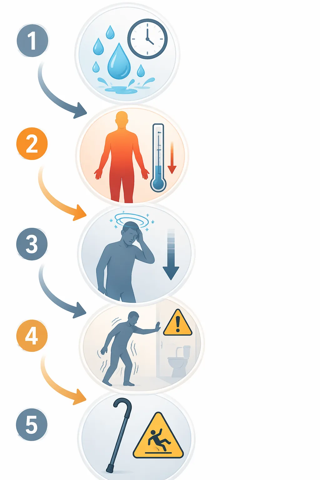 Cascade from explosive diarrhea to dehydration, dizziness, bathroom urgency, and fall risk