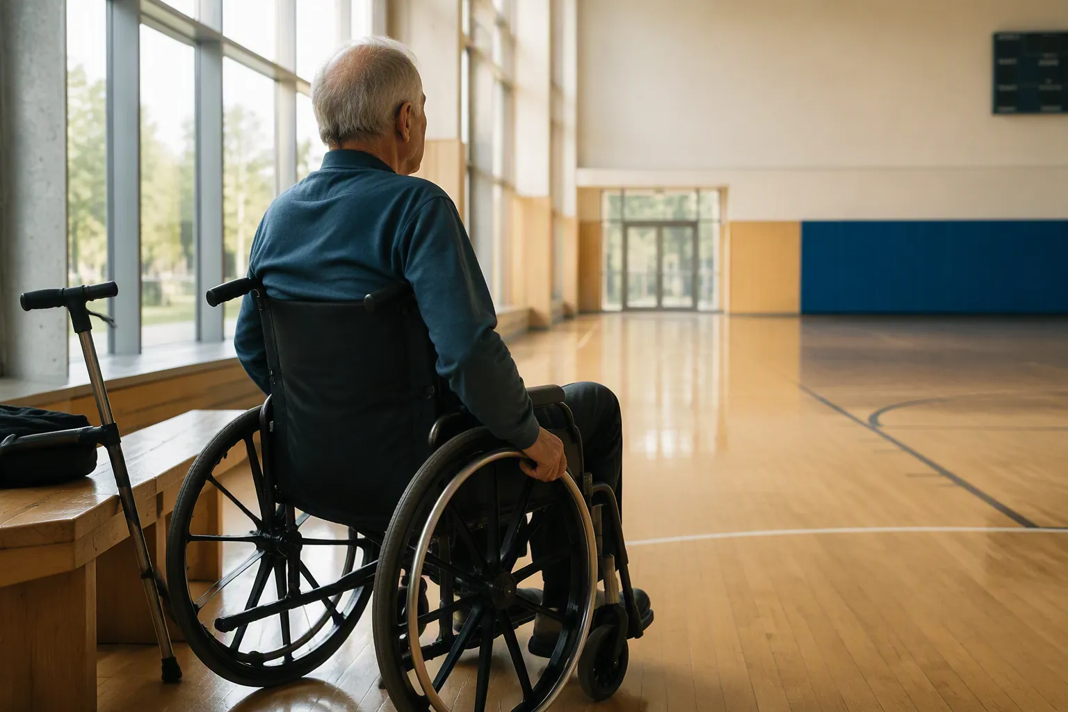 Older adult in a wheelchair at the edge of a bright indoor sports court with a cane resting nearby