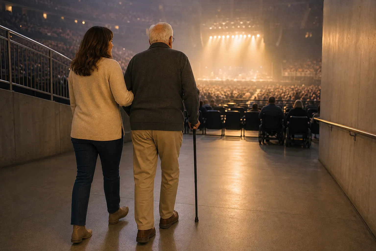 An adult daughter walks beside her elderly father with a cane through a wide step-free concert arena corridor