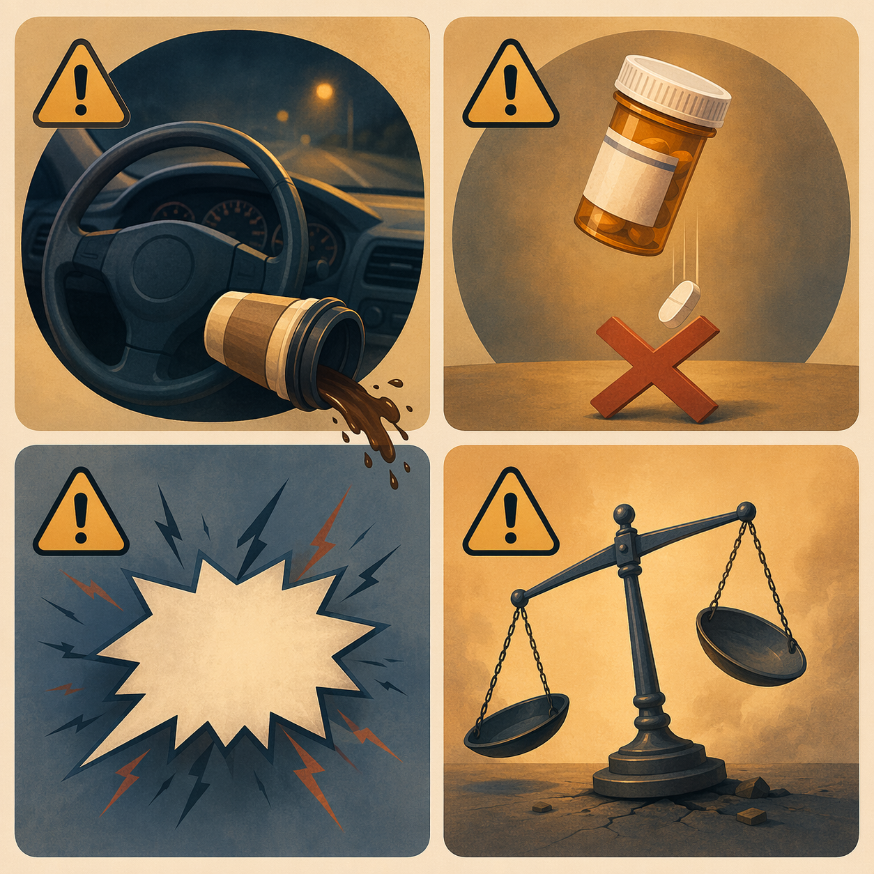 An editorial quadrant illustration showing four symbolic danger signs of caregiver sleep deprivation: a tilting steering wheel, a pill bottle, a jagged speech bubble, and a tipping scale.
