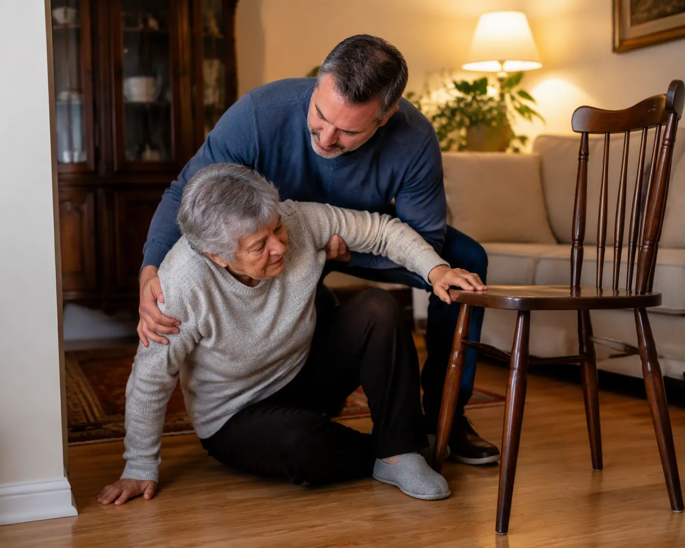 Son helping his elderly mother stand from the floor using a sturdy chair for support