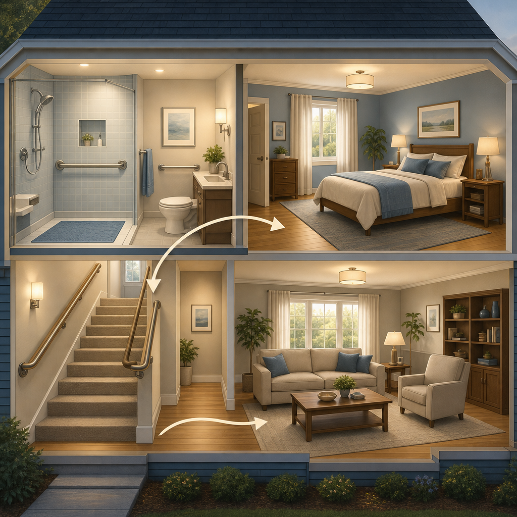 A cutaway illustration of a senior-friendly home showing four rooms with safety modifications: a bathroom with grab bar and non-slip mat, a bedroom with clear pathways and good lighting, a staircase with handrails on both sides, and a living room with clutter-free floors.