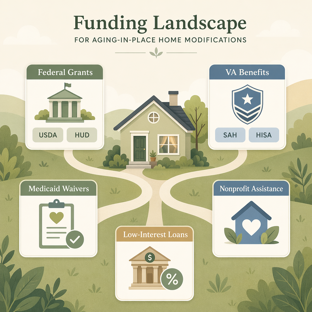 Editorial illustration showing a central house icon with pathways connecting to five funding source cards labeled Federal Grants, VA Benefits, Medicaid Waivers, Nonprofit Assistance, and Low-Interest Loans.