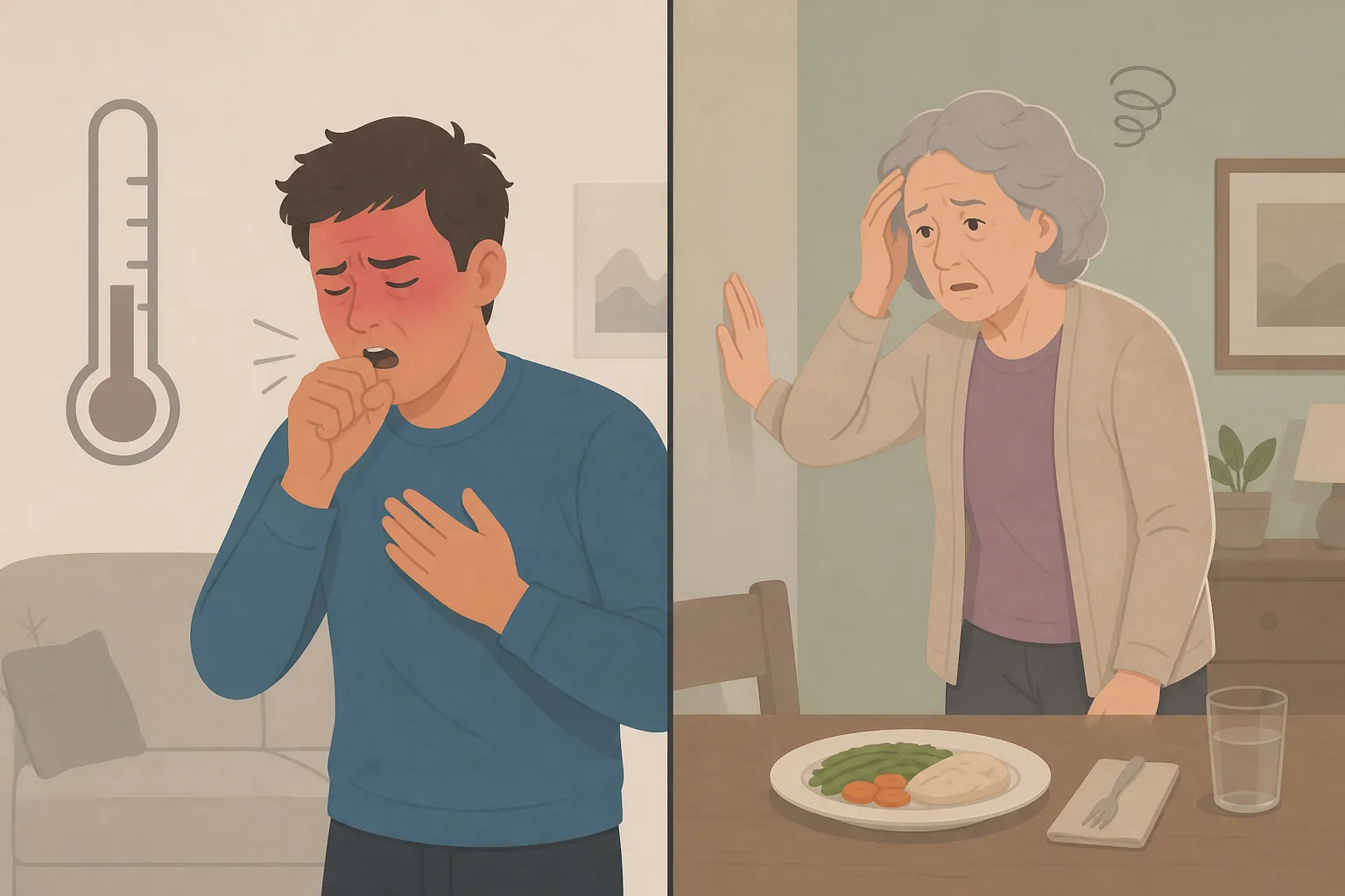 Split illustration comparing classic COVID symptoms with atypical geriatric warning signs such as unsteady walking, untouched food, and confusion