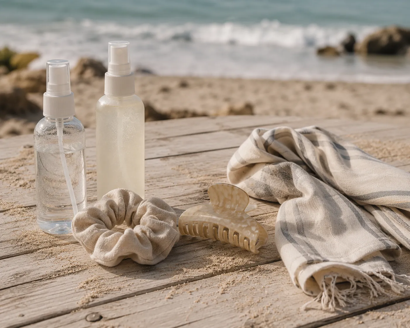 Pre-beach hair preparation items including fresh water spray, texture spray, soft scrunchie, claw clip, and cotton scarf on a beach table