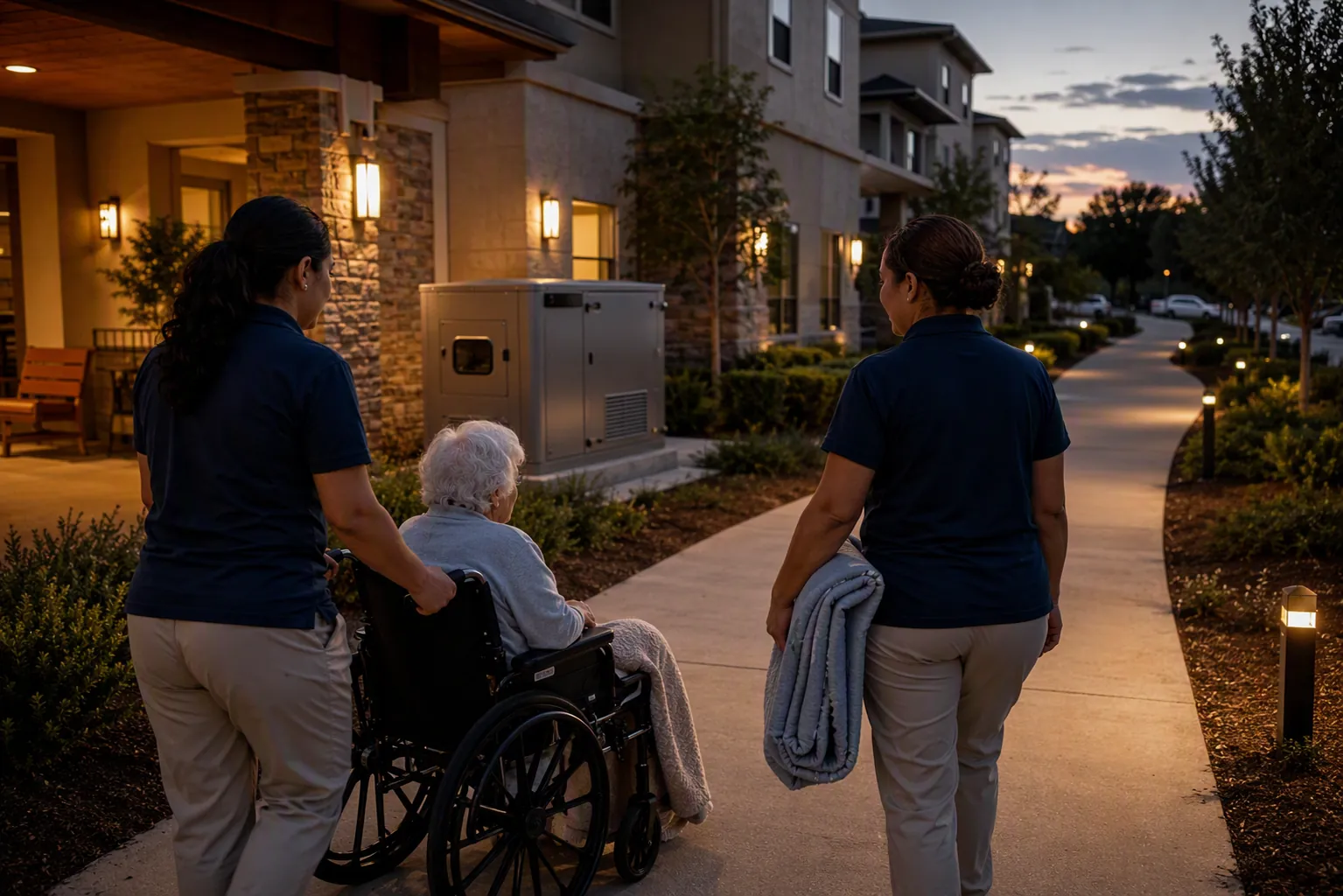 Staff assisting a frail resident in a wheelchair along an evacuation path outside a senior living facility at dusk