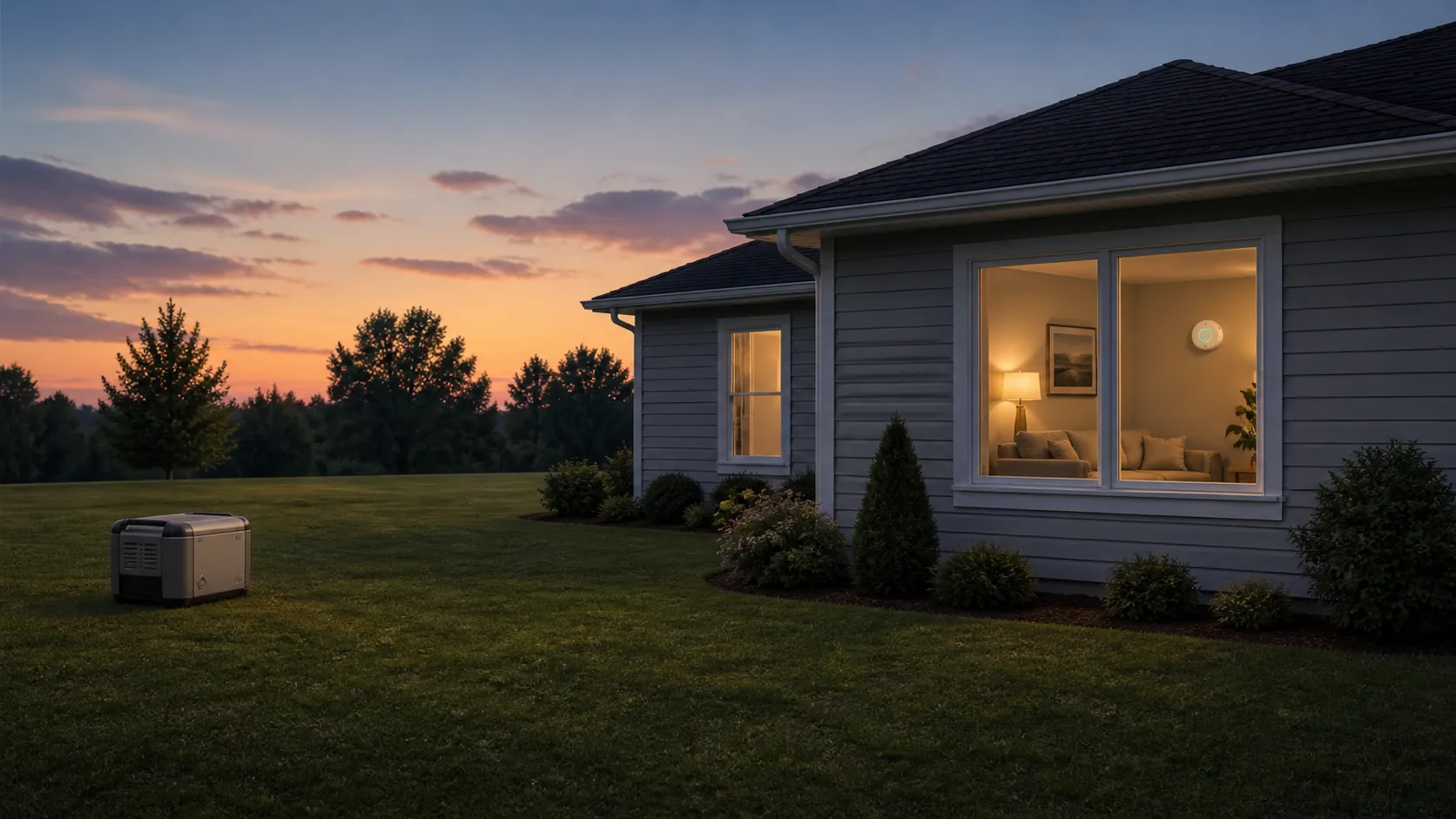 Portable generator positioned far from a house with a carbon monoxide detector visible indoors