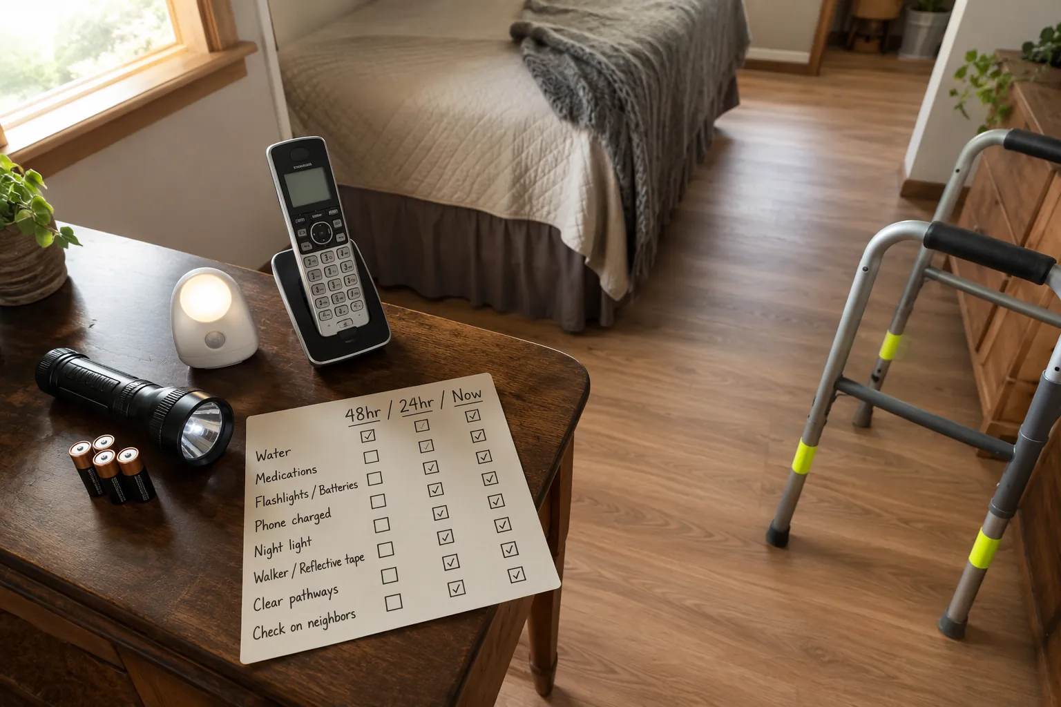 Pre-shutoff fall-preparation items including flashlight, motion light, phone, walker, and checklist