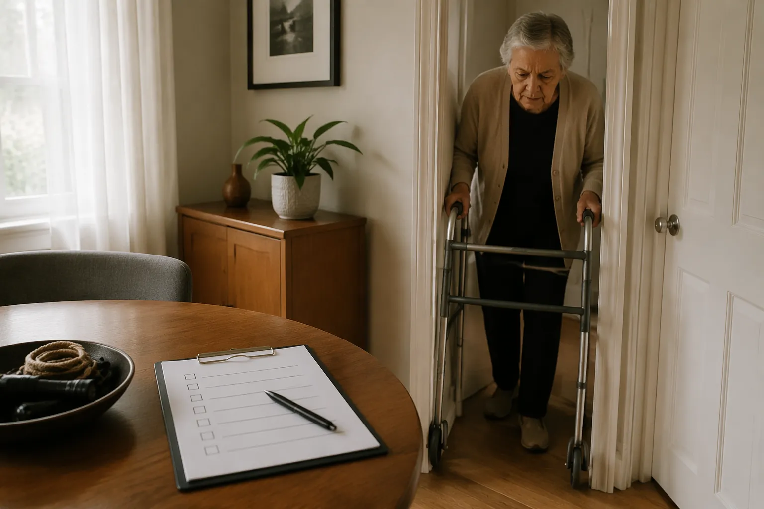 Older adult using a walker at a narrow residential doorway with an evacuation checklist on a nearby table