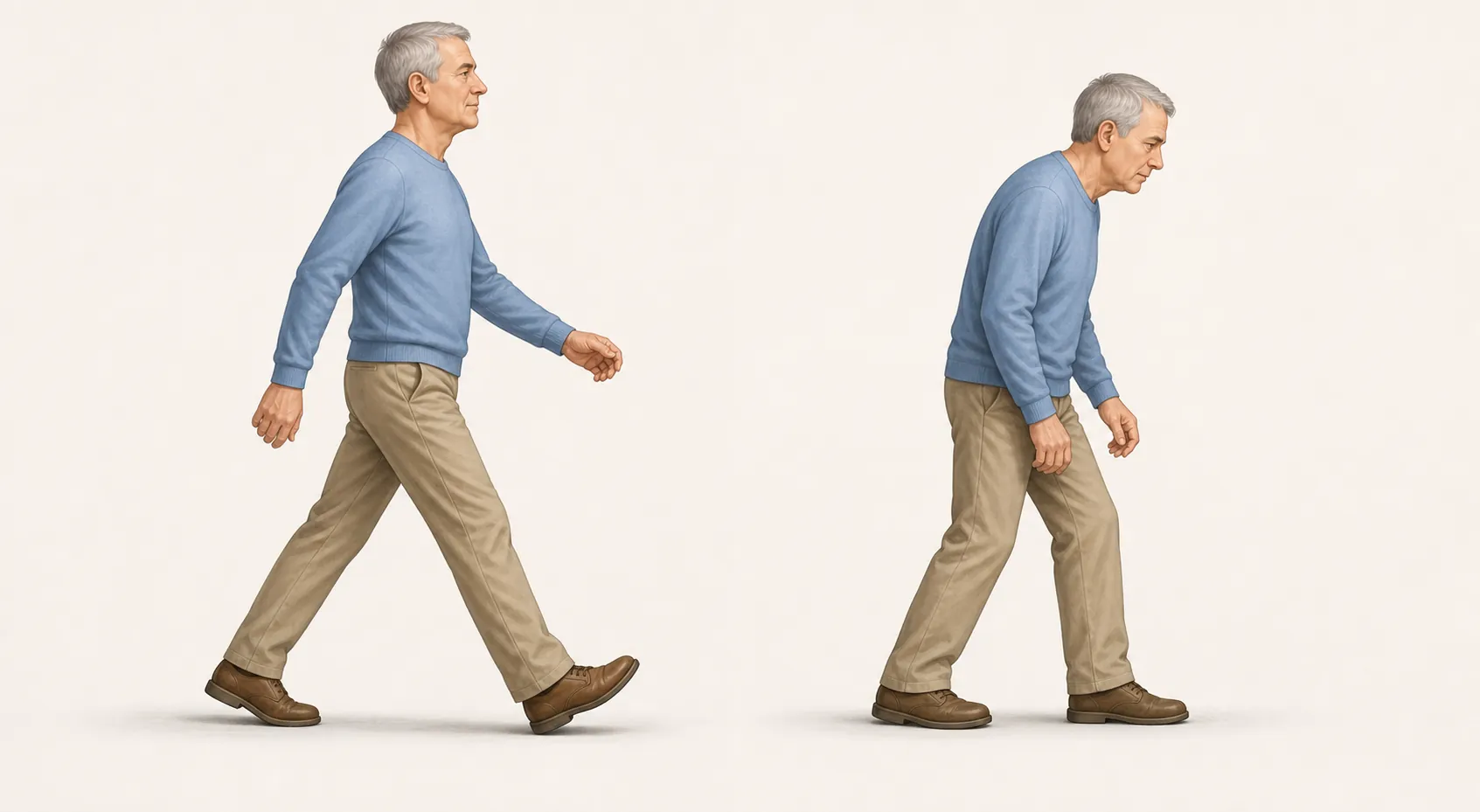 Comparison of normal gait and cautious gait with shorter steps, wider stance, stooped posture, and reduced arm swing
